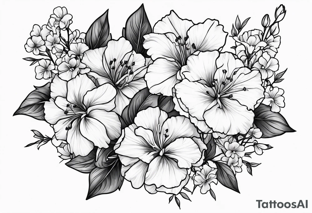 Larkspur flowers and carnation flowers in all color tattoo idea