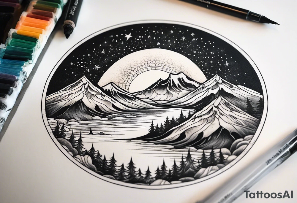 northern lights mountain circle shaped tattoo idea