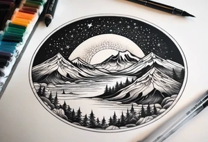 northern lights mountain circle shaped tattoo idea