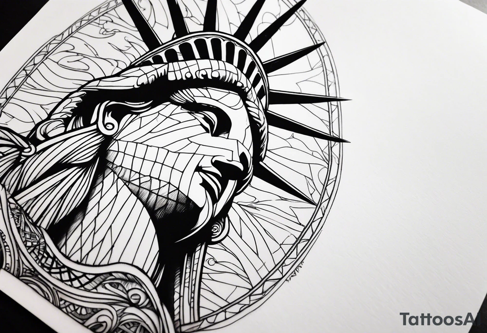 Left arm sleeve tattoo, tribal and statue of liberty tattoo idea