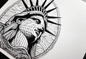 Left arm sleeve tattoo, tribal and statue of liberty tattoo idea