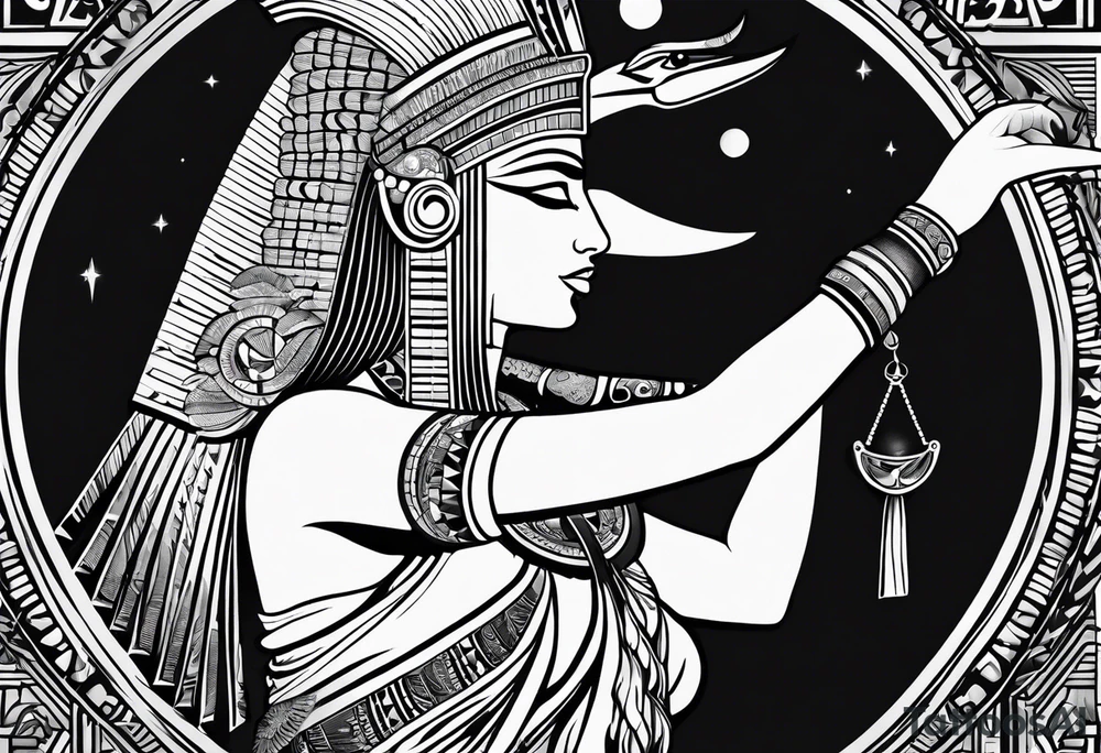 black and white Egyptian goddess Isis tattoo idea