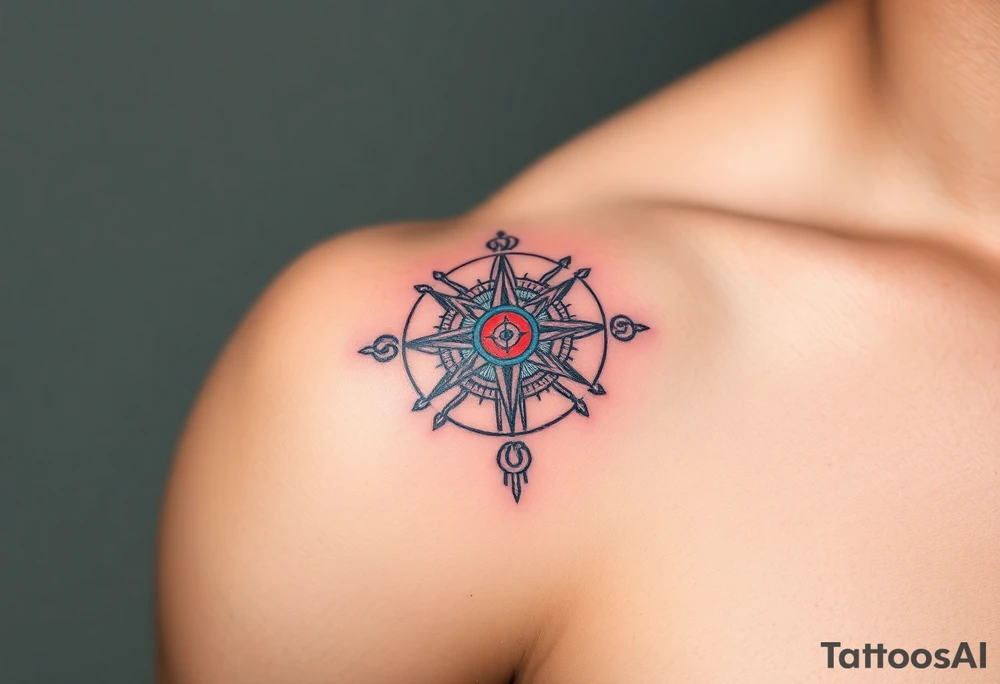 A Sun Dial in the Shape of a Cross with Egyptian Symbols (only red , blue and black are possible colors) tattoo idea