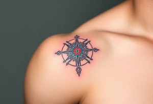 A Sun Dial in the Shape of a Cross with Egyptian Symbols (only red , blue and black are possible colors) tattoo idea