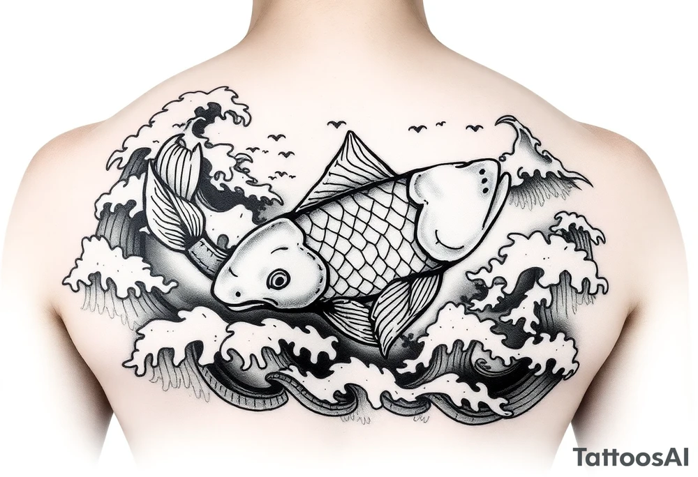 traditional koi fish swimming upstream through turbulent waves tattoo idea