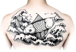 traditional koi fish swimming upstream through turbulent waves tattoo idea