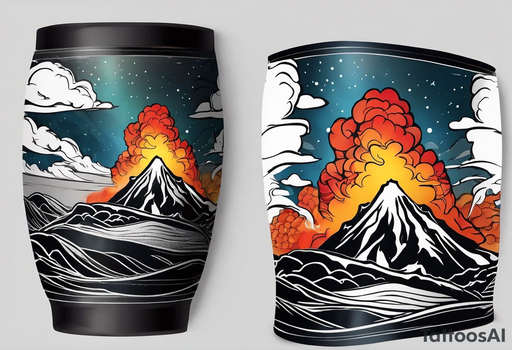 Draw a sketch of a volcanic eruption tattoo as a bracelet on the arm, in a realistic style with lava flowing from it, without a cartoon style and few colors tattoo idea
