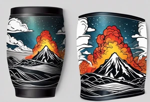 Draw a sketch of a volcanic eruption tattoo as a bracelet on the arm, in a realistic style with lava flowing from it, without a cartoon style and few colors tattoo idea