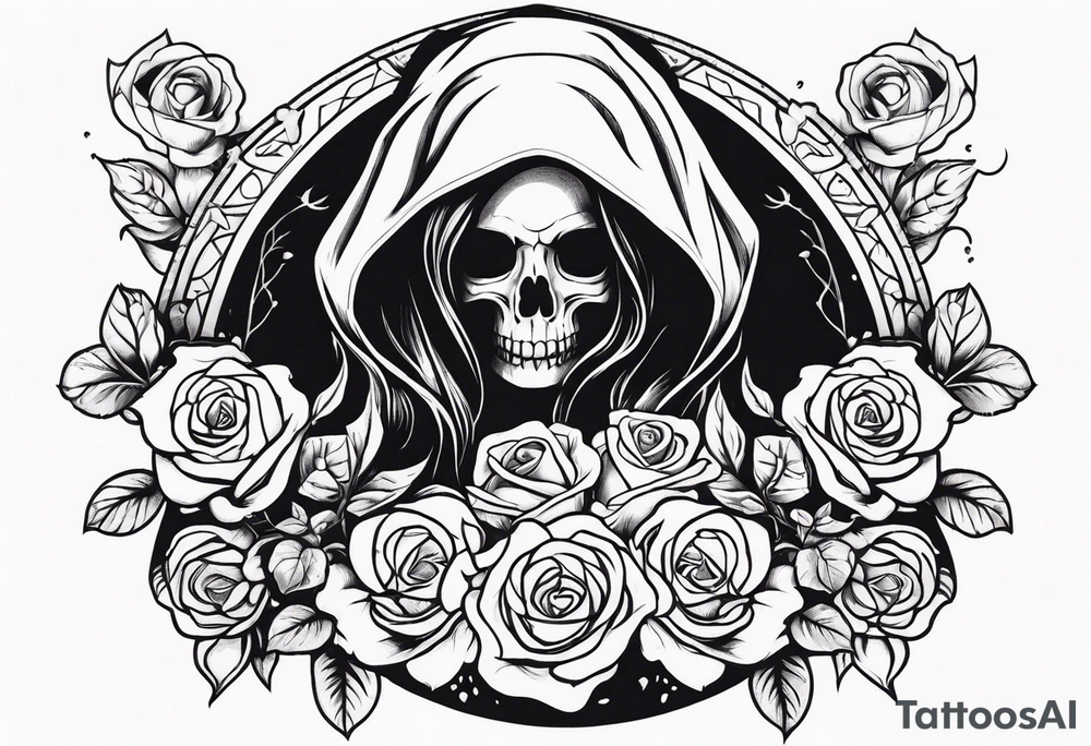 Feminine grim reaper with skulls and roses tattoo idea