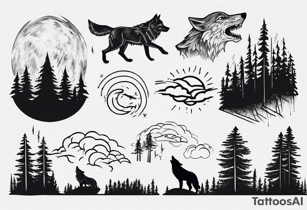 a thunderstorm over a forest and a wolf howling tattoo idea a thunderstorm over a forest and a wolf howling tattoo idea
