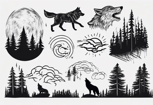 a thunderstorm over a forest and a wolf howling tattoo idea