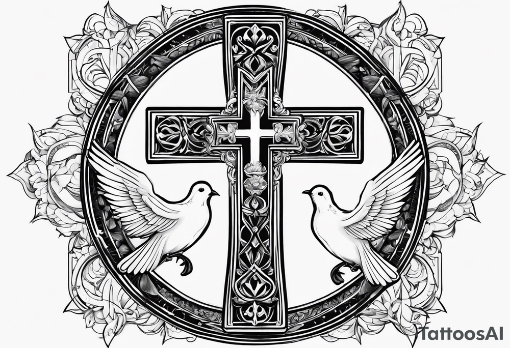 A Cross with doves in the rays of son with 08/21/2024 in Roman numeral starting tattoo idea