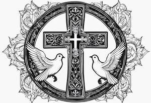 A Cross with doves in the rays of son with 08/21/2024 in Roman numeral starting tattoo idea