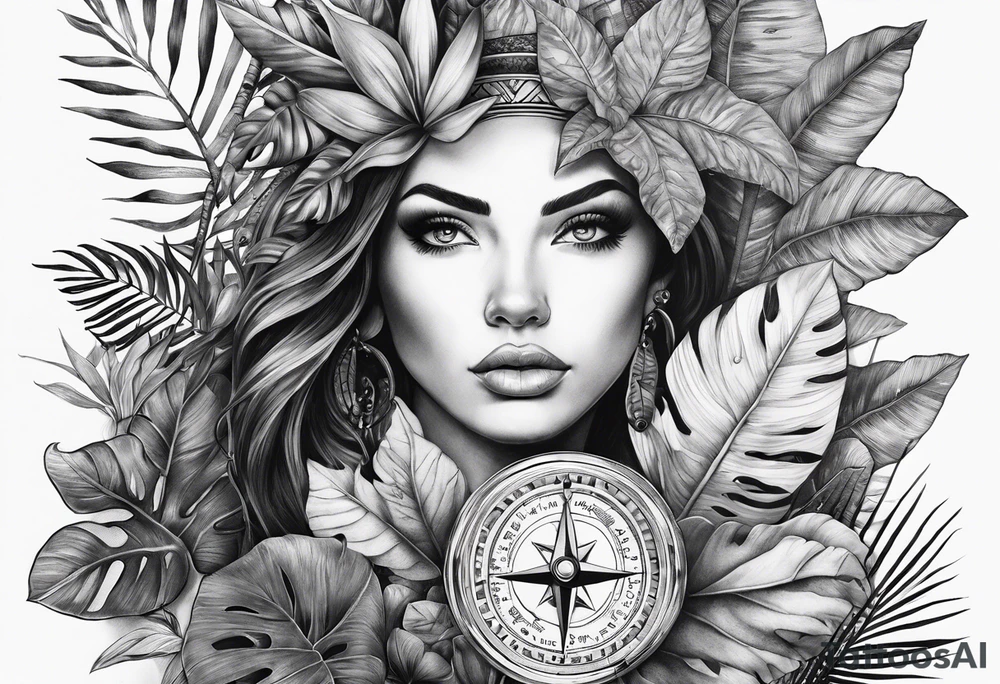 full sleeve tattoo with jungle plants, eye compass tattoo idea