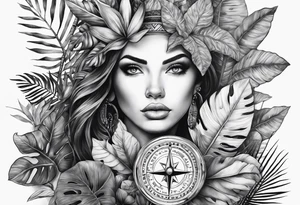full sleeve tattoo with jungle plants, eye compass tattoo idea