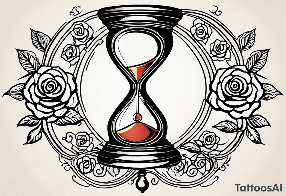 I want a tattoo-inspired design for a t-shirt that features a striking hourglass with a hand clock in the center, where the clock numbers are Amazigh numerals. The hourglass should have a bold, detailed look, with sharp lines and shading. Thorny roses should wrap tightly around the hourglass, with their vines and thorns creating a sense of depth and movement. Planets and stars should be incorporated in a way that they appear to orbit or emerge from behind the hourglass, giving the design a cosmic, timeless feel. The overall aesthetic should be bold and detailed, similar to blackwork tattoo designs, with a mix of natural and celestial elements."
black and whit design tattoo idea