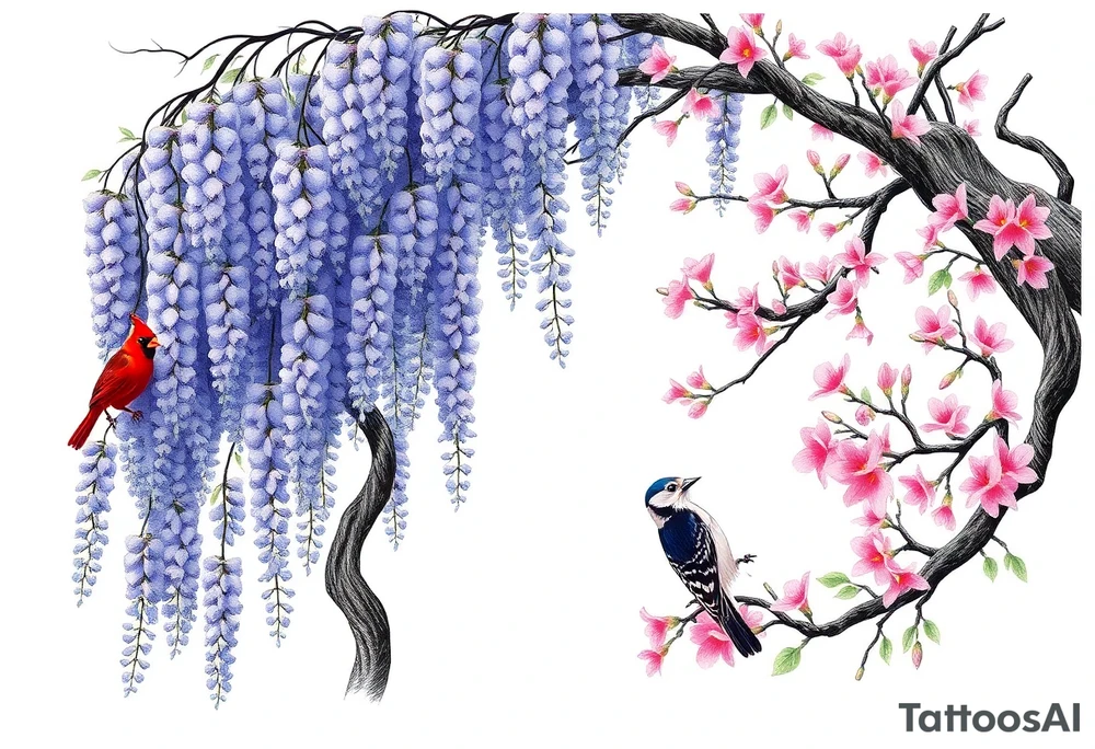 The American wisteria tree drapes gracefully with cascading clusters of lavender-blue flowers, its twisting vines wrapping around sturdy branches, creating a breathtaking canopy of delicate blossoms that sway gently in the breeze. Beside it, the Eastern redbud stands in striking contrast, its branches bursting with vibrant pink blossoms that cling tightly to the dark, twisting limbs, forming a cloud of rosy hues against the sky. Perched among the blooms, a brilliant red cardinal, a vivid indigo bunting, and a delicate downy woodpecker bring life to the scene— the cardinal’s crimson feathers glowing against the wisteria, the bunting’s deep blue plumage blending with the blossoms, and the woodpecker clinging to the redbud’s bark, its black-and-white speckled coat and soft red crown adding a final touch of natural harmony. tattoo idea