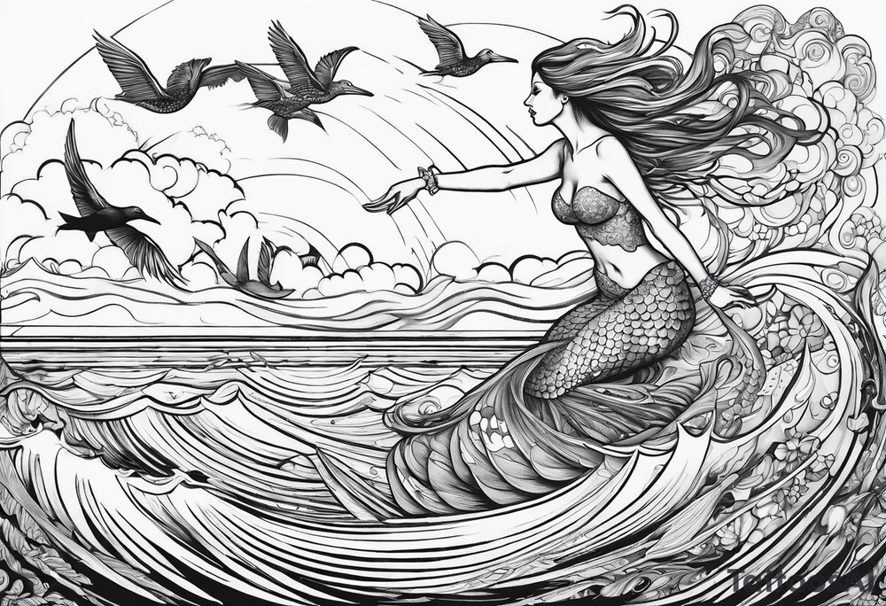 Mermaid jumping to touch pelican in air tattoo idea