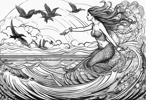 Mermaid jumping to touch pelican in air tattoo idea