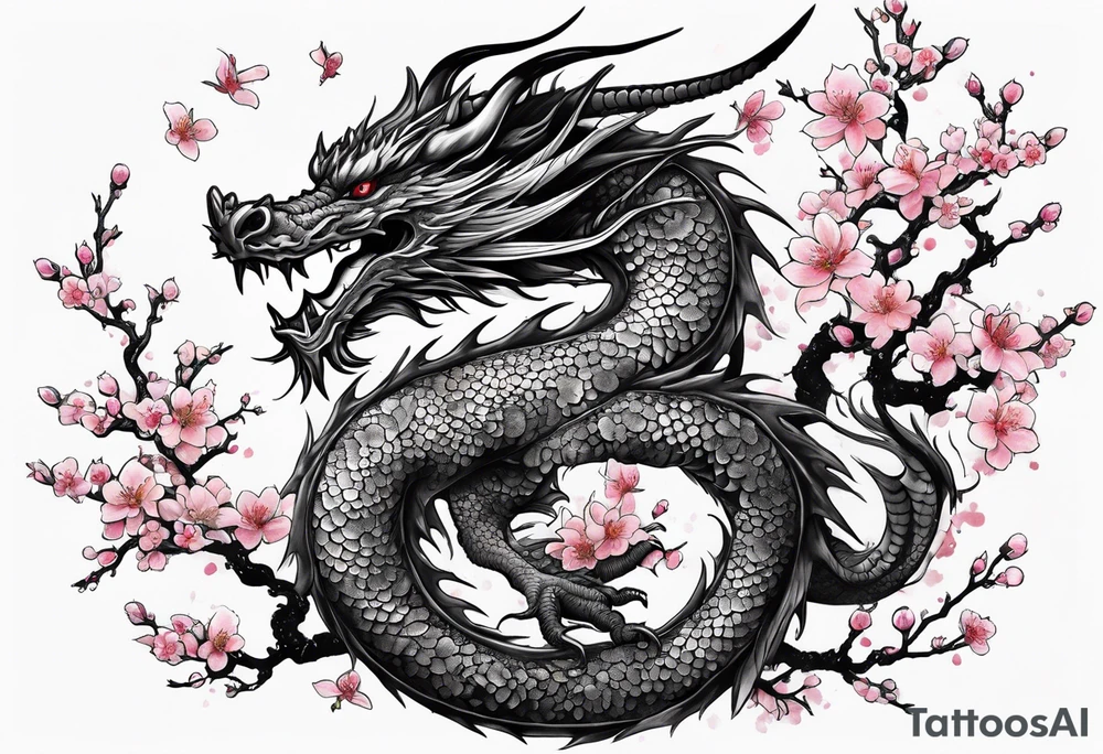 dragon with  cherry blossoms  and soot sprites tattoo idea