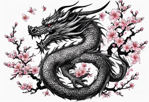 dragon with  cherry blossoms  and soot sprites tattoo idea