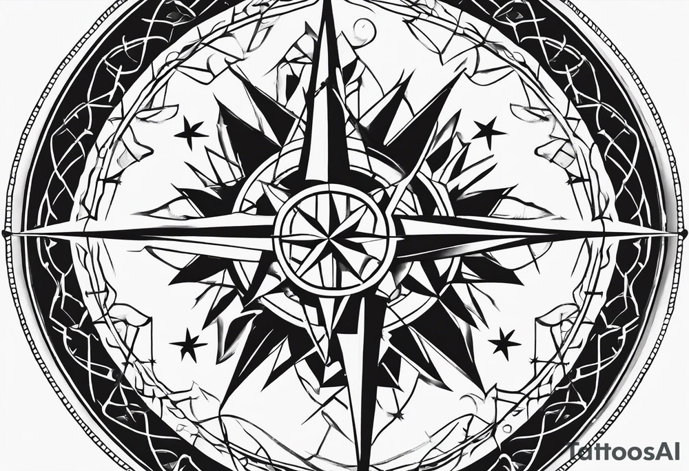 a classic compass rose as the central element with a molecular structure of serotonin tattoo idea