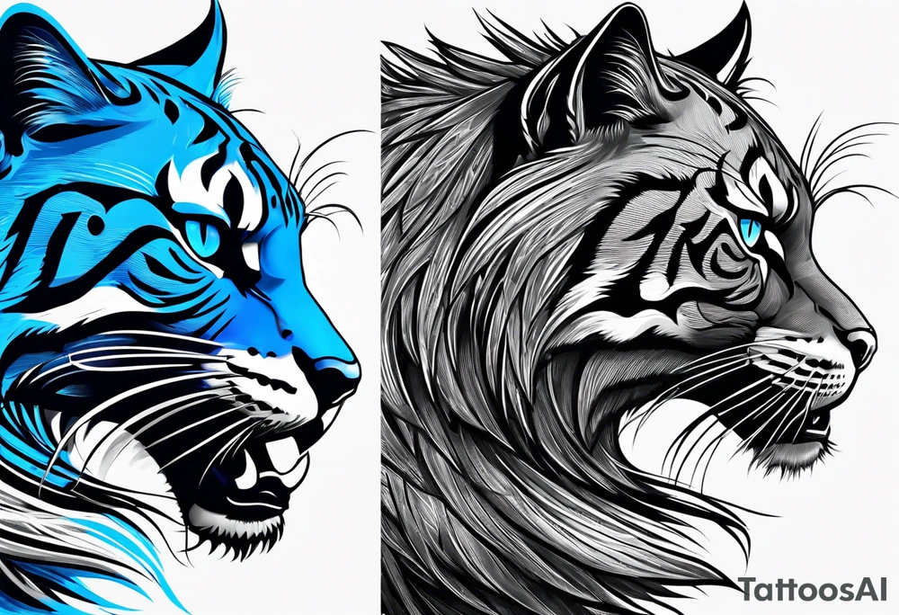 blue wildcat in football attire  morphing into jfootball game night half of the face is a black male school student tattoo idea