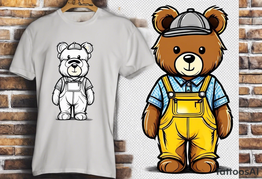 the back of a standing, skinny, brown ,
teddy bear in long, yellow overalls tattoo idea