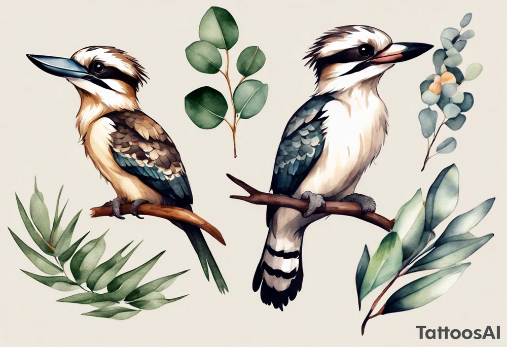 Small kookaburra with eucalyptus leaves and wattle leaves tattoo idea