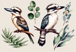 Small kookaburra with eucalyptus leaves and wattle leaves tattoo idea