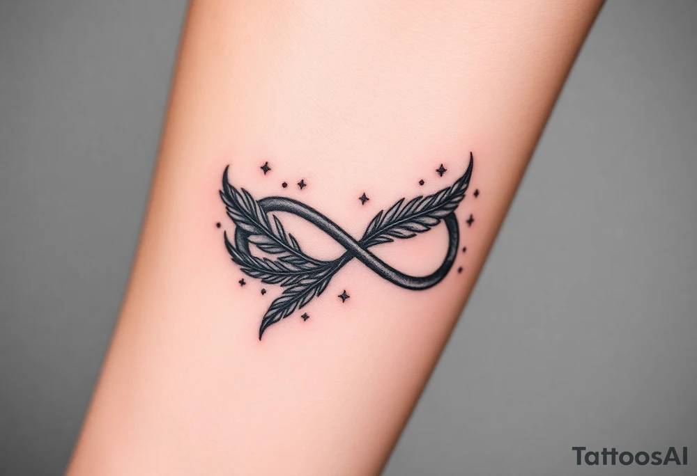 infinity symbol woven with floating feathers and stardust tattoo idea