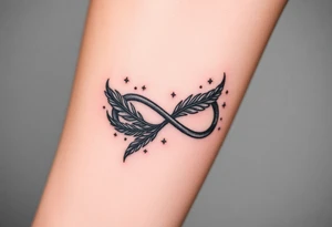 infinity symbol woven with floating feathers and stardust tattoo idea