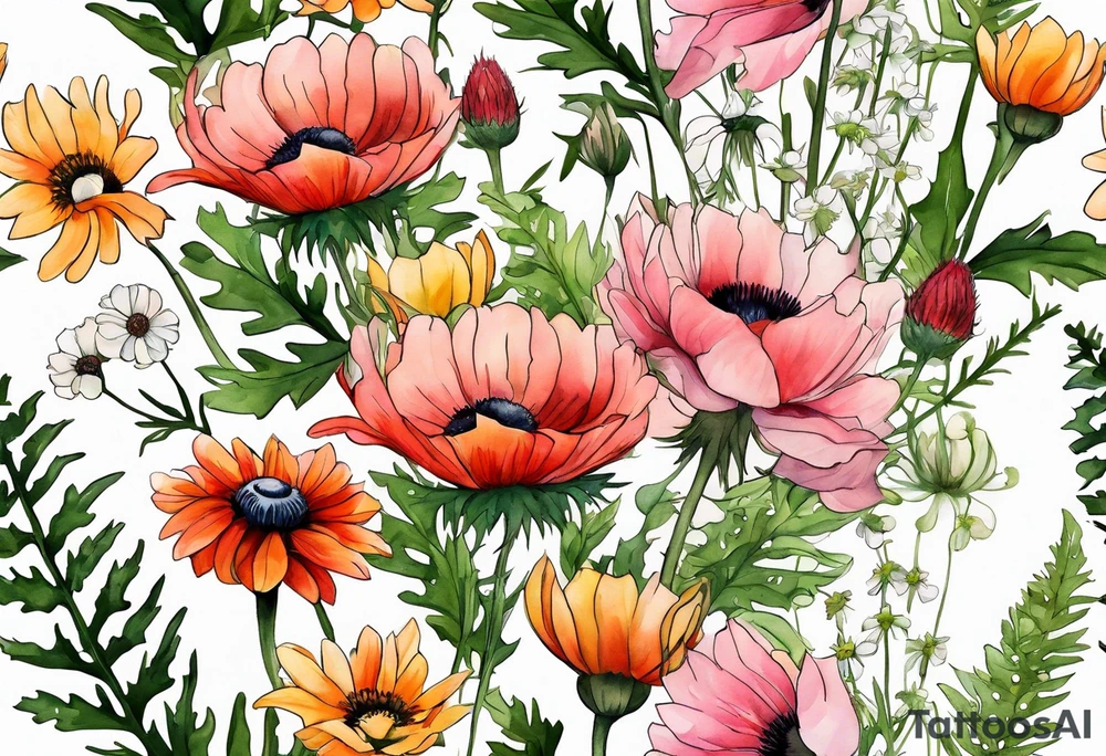 simple wildflowers cascading with thistles, ferns, white anemones, sun flowers, red flowers, pink flowers, green flowers, buttercups, orange flowers, babys breath and daisies all in watercolor tattoo idea