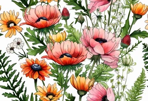 simple wildflowers cascading with thistles, ferns, white anemones, sun flowers, red flowers, pink flowers, green flowers, buttercups, orange flowers, babys breath and daisies all in watercolor tattoo idea