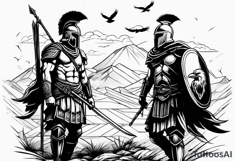 2 Spartans walking in a battlefield with ravens in the background tattoo idea