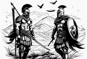 2 Spartans walking in a battlefield with ravens in the background tattoo idea