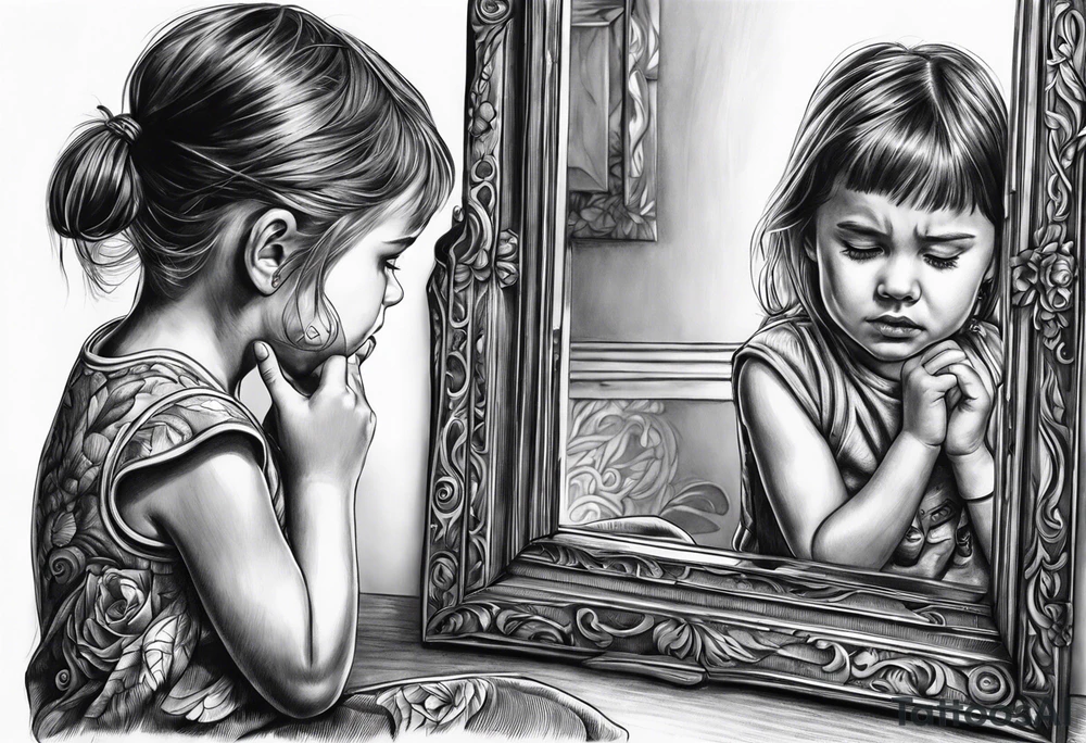Little girl crying in the mirror with older self reflection tattoo idea
