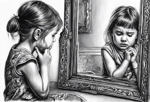 Little girl crying in the mirror with older self reflection tattoo idea