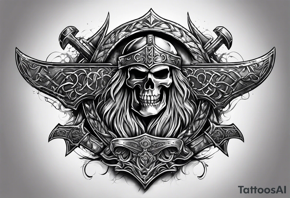 Valhalla sword round shield axe barbed wire chains tattoo idea