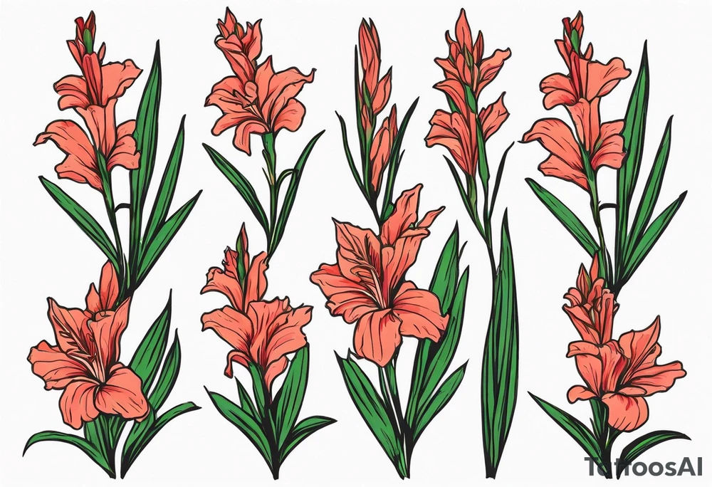 one single narrow gladiolus stalk. green leaves. coral-colored flowers with deep red centers. tattoo idea