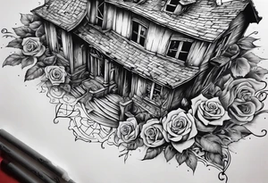 fool sleeve,, abandoned old gotic house, broken sword, roses, tattoo idea