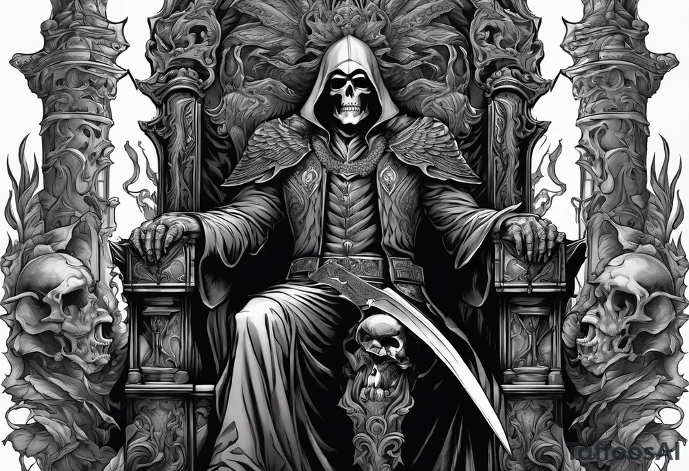 The grim reaper on a large throne of skulls .

Holding guns .


Next to the throne is a cerebus

Powerful demon commander faces a powerful angel commander in the centre of the tattoo idea