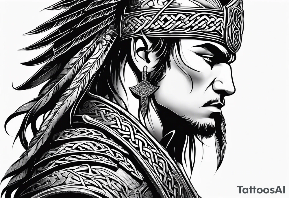 Side profile of Celtic warrior with weapons unsheathed tattoo idea