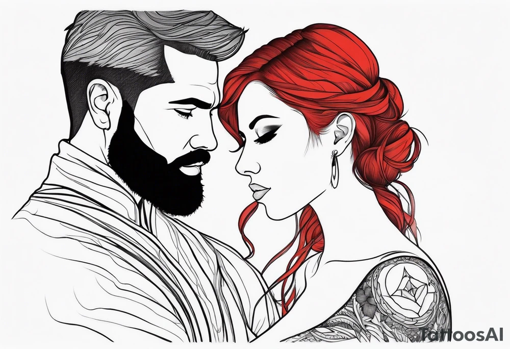 Busty red haired woman with a bearded man who has black hair tattoo idea