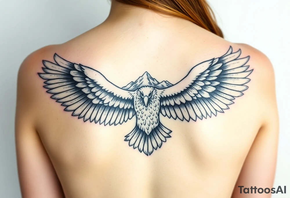 majestic eagle spreading wings against mountain peaks tattoo idea