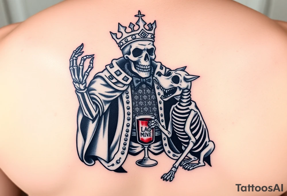 evil skeleton king in clothes having a good time getting drunk with skeleton dog tattoo idea