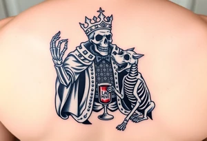 evil skeleton king in clothes having a good time getting drunk with skeleton dog tattoo idea