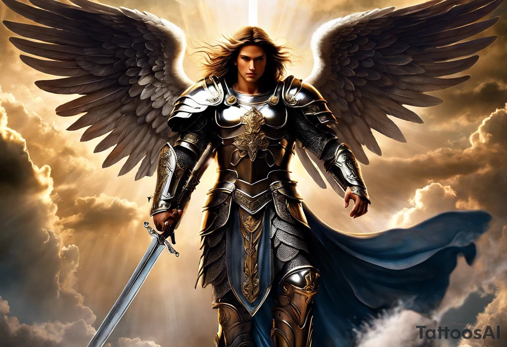 **Tattoo Design: Archangel Michael**

- **Central Theme**: Archangel Michael, majestic and powerful, stands ready with a raised sword, prepared to battle evil.
- **Appearance**: The figure of Archangel Michael depicted in full angelic armor, with majestic wings spread wide.
- **Expression**: His stance conveys strength, courage, and determination in defense of good.
- **Details**: Focus on intricate details such as facial features, armor embellishments, and the raised sword.
- **Background**: May be stylized as celestial, with rays of light or clouds, accentuating the divine presence of Archangel Michael.
- **Placement**: Intended for placement on the chosen body area, with the option to adjust the size according to personal preferences. tattoo idea