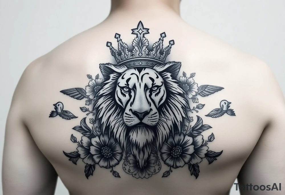 powerful majestic lion with a crown, surrounded by floral ornaments and birds tattoo idea