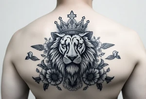 powerful majestic lion with a crown, surrounded by floral ornaments and birds tattoo idea
